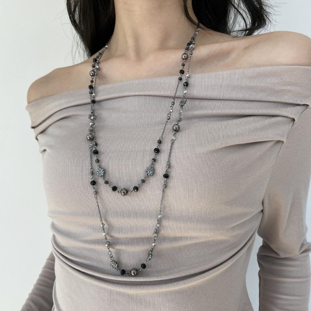 Vintage Mode doppelreihige Blumenkette lange stapelbare Pulloverkette Y2K Stil Perlenkette geometrisch