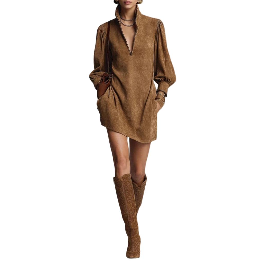 Women's Color Deer Skin Velvet French Zipper Long Sleeved Dress