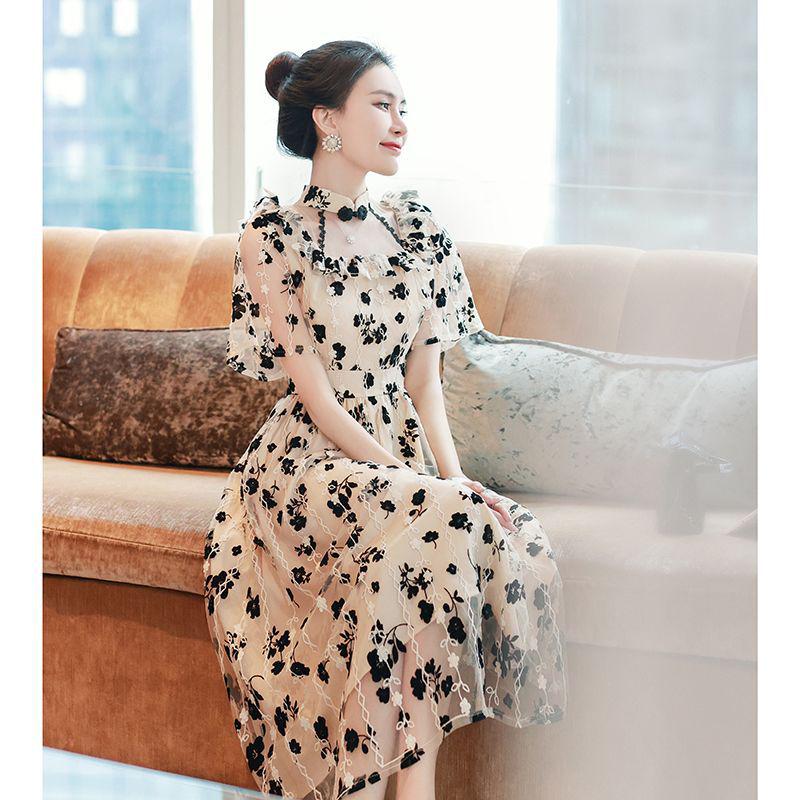Elegant 2026 Floral Summer Dress: Women s Slimming, Waist-Cinched Long Skirt S (80-95 jin)