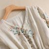 Dress Women Long Print Elegant Clothing Vintage Elastic Waist Casual Beach Style V-Neck  Robe Floral Cotton and Linen Dress