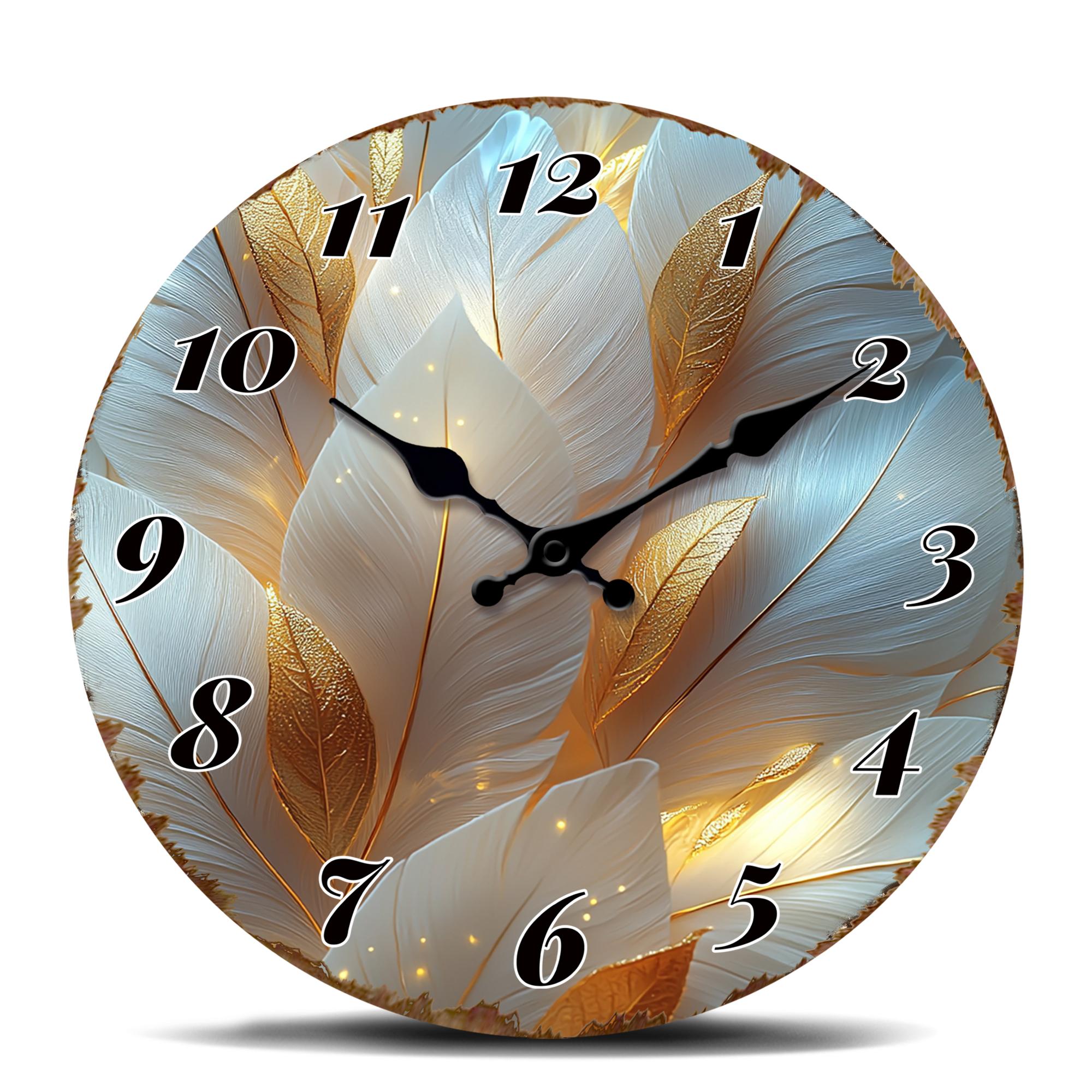 

Golden Leaf Feather Wall Clock - Elegant Nature Inspired Round Timepiece for Home, Silent Quartz Movement, Luxurious Decor 10 inch