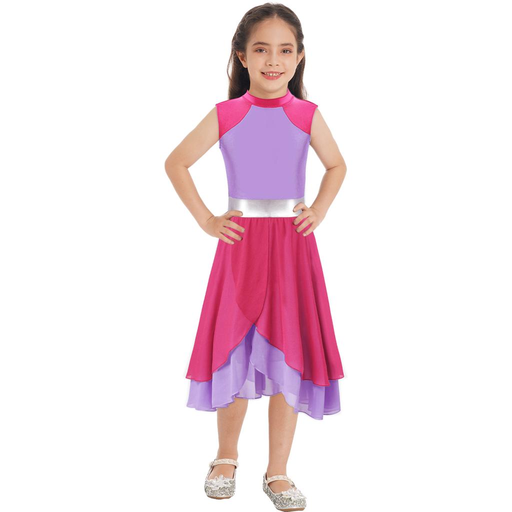 Kids Girls Color Block Dance Dress Mock Neck Sleeveless Tiered Wrapped Hem Praise Lyrical Dance Dress Dancewear