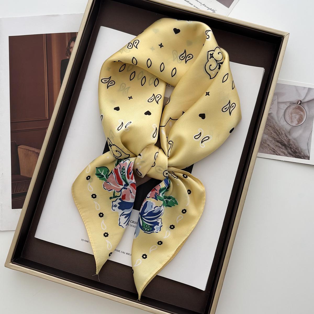 

Luxury Square Scarf For Women 70*70Cm Ladies Hijab Yellow Cute Neckerchief Bandanas Soft Stain Faux Silk Scarves Shawl Warps