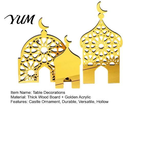Compact Party Decorations 3PCS Ramadan Golden Castle Ornament, Hollow Mosque Design, Thick Wood And Indoor Aesthetic Ornaments Acrylic Desktop