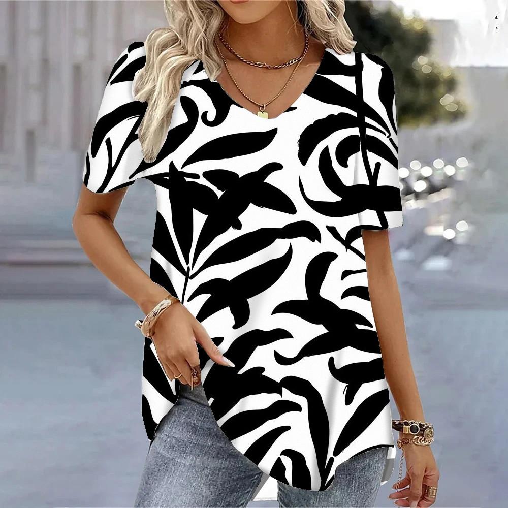 

Летний топ с V-образным вырезом, принтом с 3D-цветочным узором, модная повседневная женская футболка с коротким рукавом S