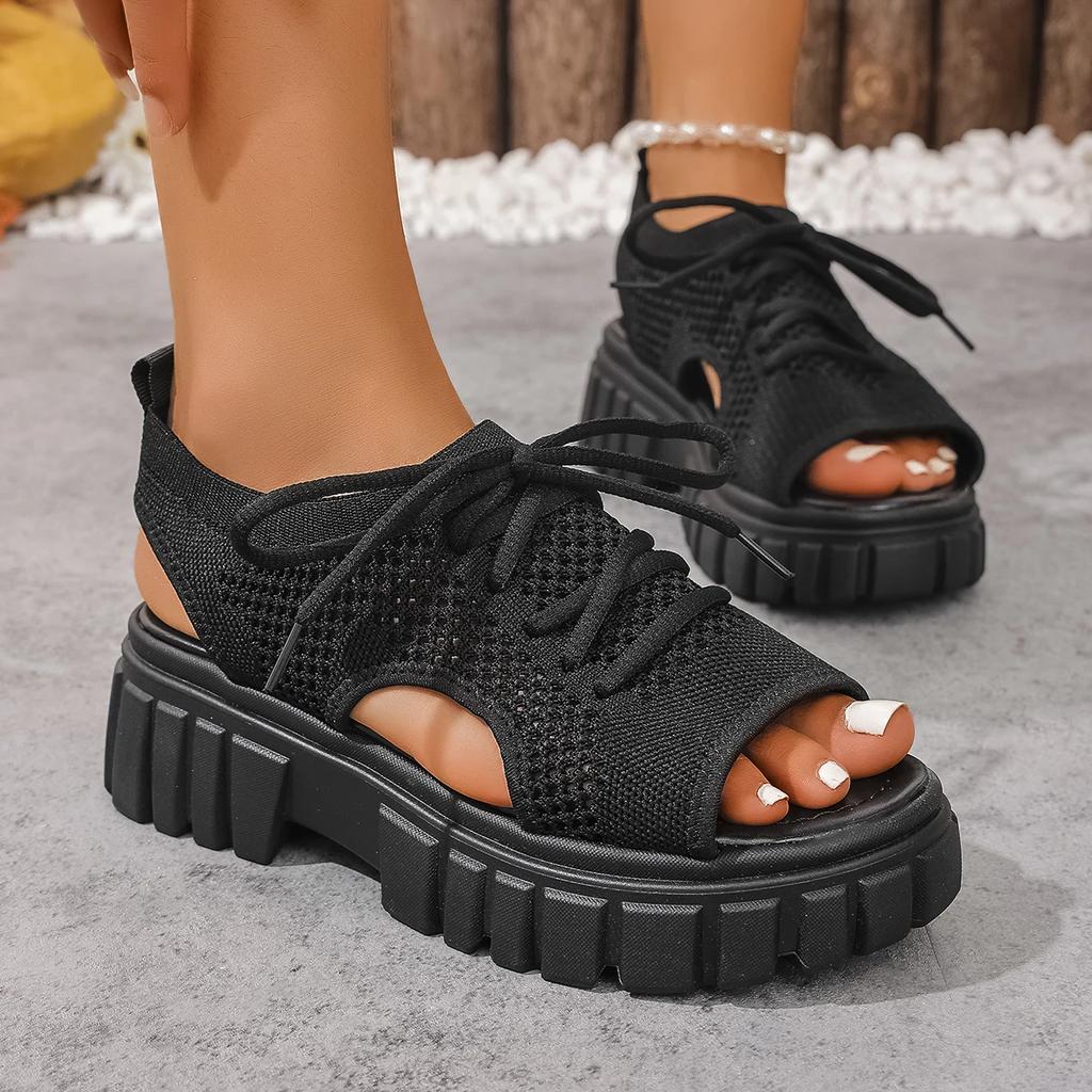 Fashion Women Sandals Round-toe Wedge Roman Sandals Fashion Comfortable Sandals 2025 New Non-slip Thick-soled Lace-up Casual Shoes Women