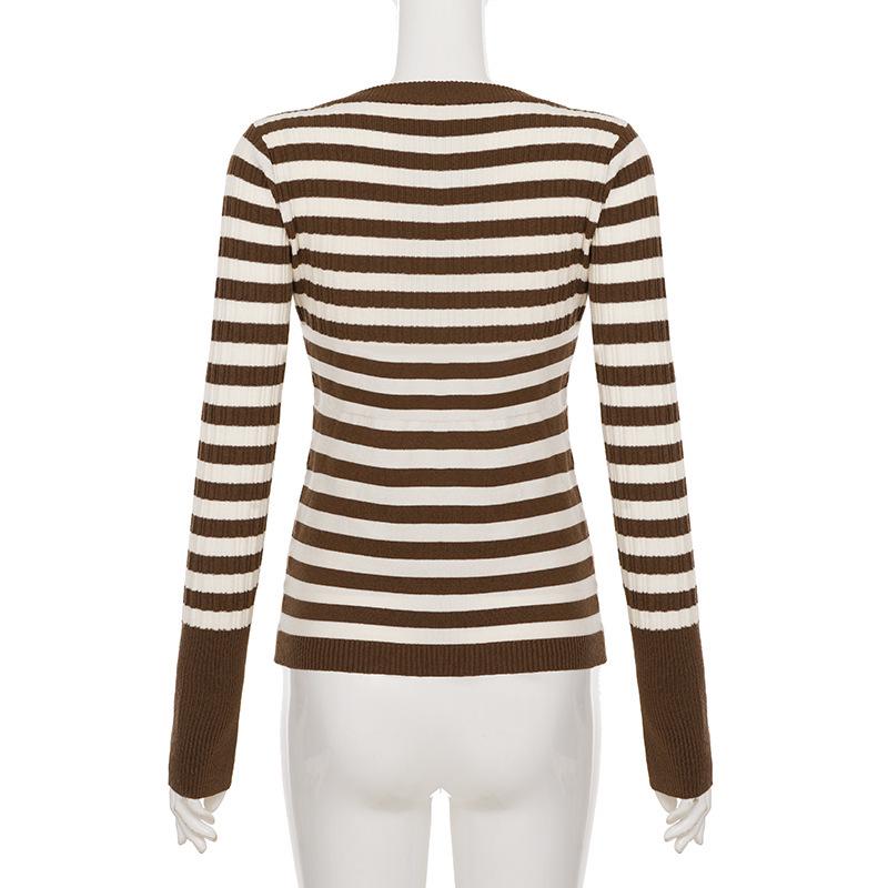 European & American Retro U-Neck Color Block Stripe Knit Sweater - Women's Casual Long Sleeve Top