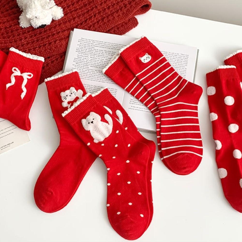 5 Pairs Breathable Polka Dot Socks Combed Cotton Stripe Socks Kitten Red Socks  Spring Festival