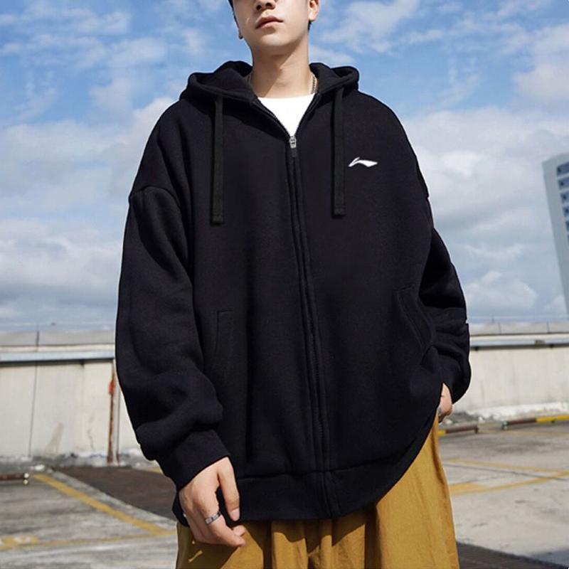 Li Ning Solid Color Fleece Hooded Jacket Logo Print Cuffed Fleece Sports Pants Casual Sports Suit Men Sportswear Black YWDT477-1+AKLTC13-1