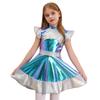 Girls Alien Cosplay Costume Cap Sleeve Glossy Metallic Color Block Dress Outer Space Role Play Party Dress