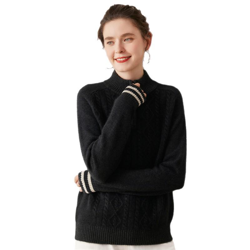 Women's High Neck Half-Zip Cashmere Sweater - 2025 Autumn/Winter Korean Style Jacquard Knit Warm Base Layer