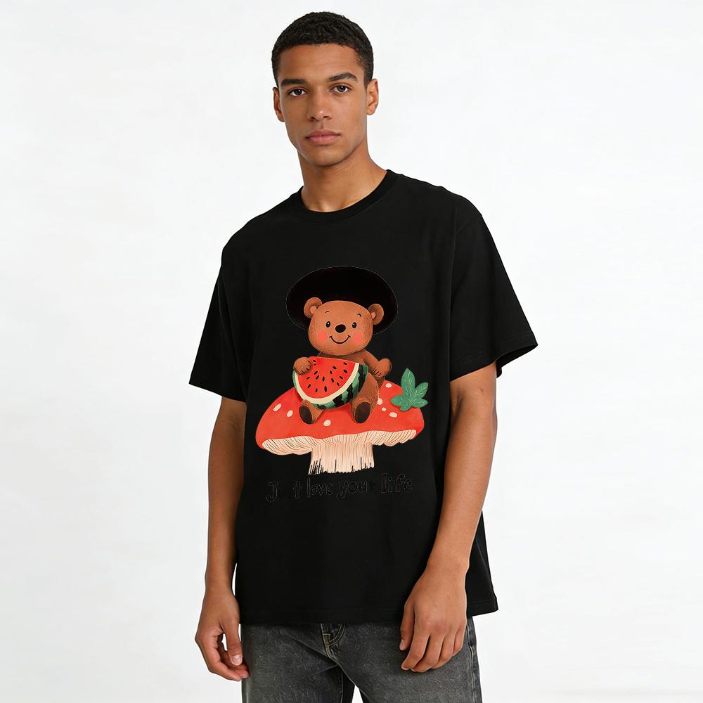 Cute Bear Holding Watermelon Print T-shirt Summer Casual Mushroom Graphic Tee For Kids Adults Pure cotton T-shirt