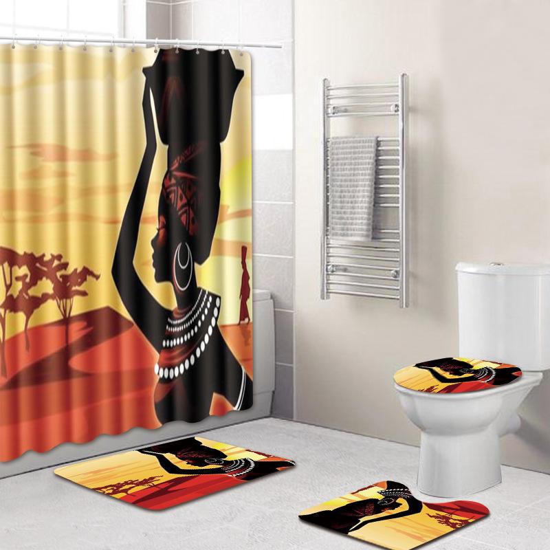 Shower Curtain Floor Mat Set African Woman E-Commerce Bathroom Carpet