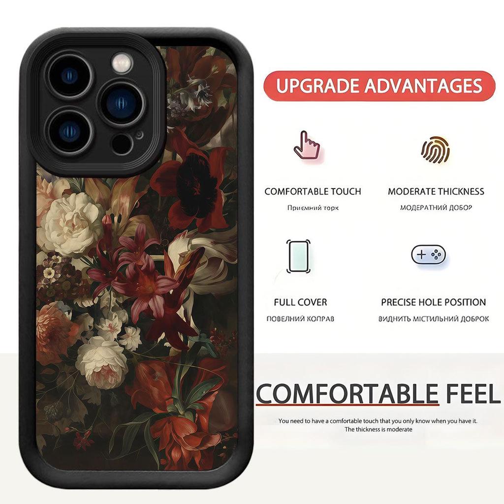 Black Grooved Floral Case for iPhone 14/15/16/17 Pro Max with 100 Flowers Protection
