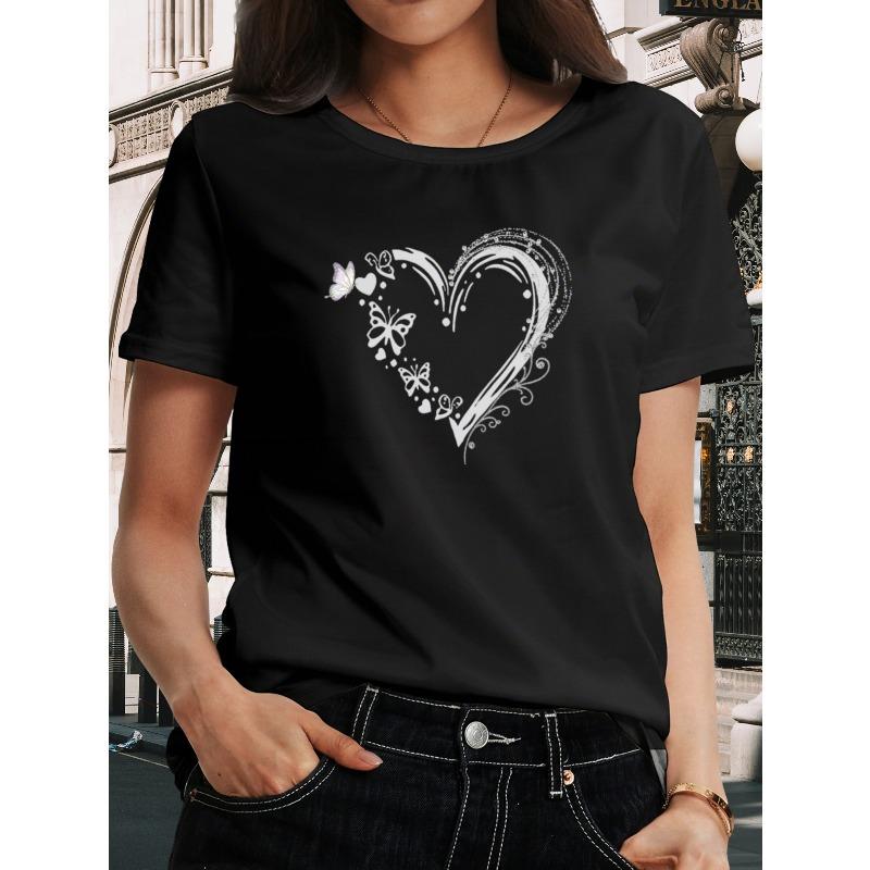 European size Women's Opaque Heart Print T-Shirt - Medium Stretch Short Sleeve Casual