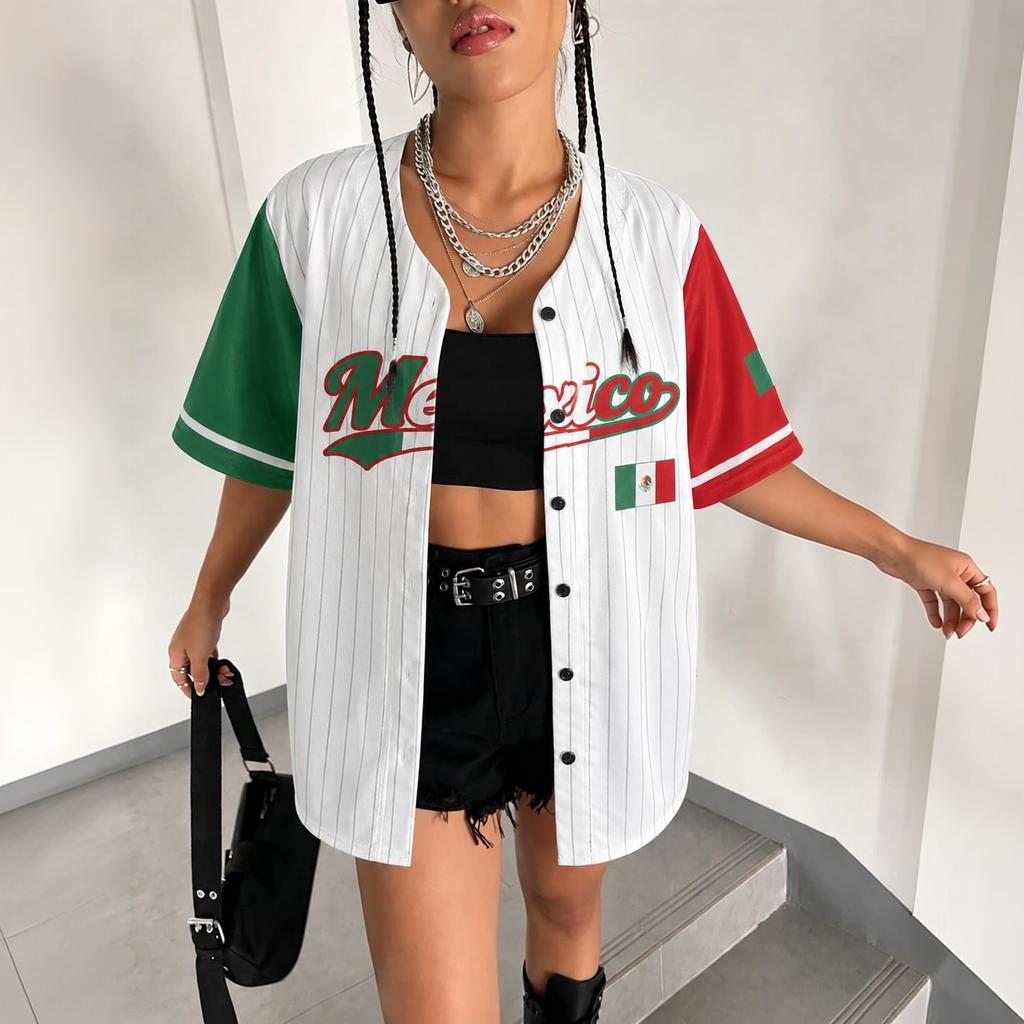 Unisex Baseballtrikot Print Knopfleiste Kurzarm Erwachsenen Sportbekleidung Oberteil Lockerer Sitz Gestreiftes Design