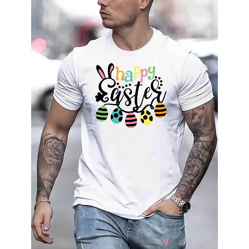 

European sizes [Easter Graphic Tee] Colorful Easter Men s Graphic T-Shirt | Casual Crew Neck, Short Sleeve, Summer Tee with Happy Easter Print 4XL білий