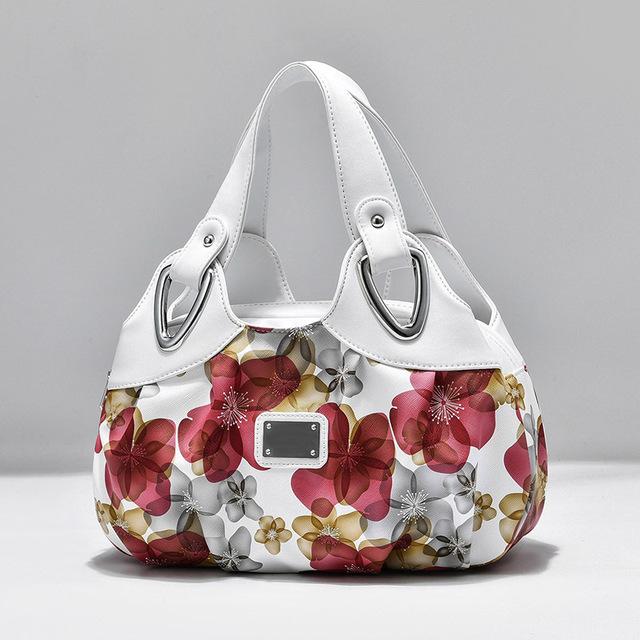 Mode Bloemenprint PU Leer Handtas Grote Capaciteit Tote Tas met Bovenhandvat voor Vrouwen 31x15x18cm white
