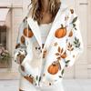 Women Plus Size White Zip Up Long Sleeve Hoodie Drawstring Hood Printed Puppy Pumpkin Fall Leaf Pattern With Pockets