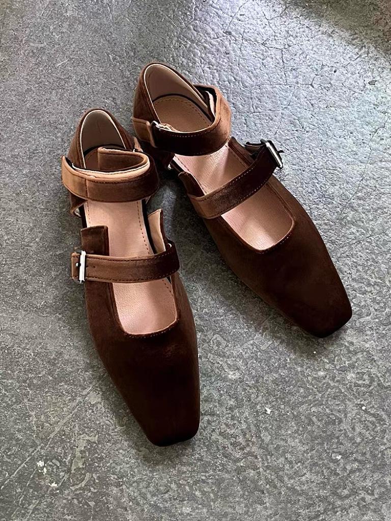 Sheepskin Version~ French Niche Temperament Velcro Square Head Shallow Mouth Mary Jane Shoes Women's 2025 Autumn New Single Shoes
