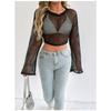 New Casual Perspective Sweater Flared Sleeves Loose Round Neck Hollow Navel Sweater for Women