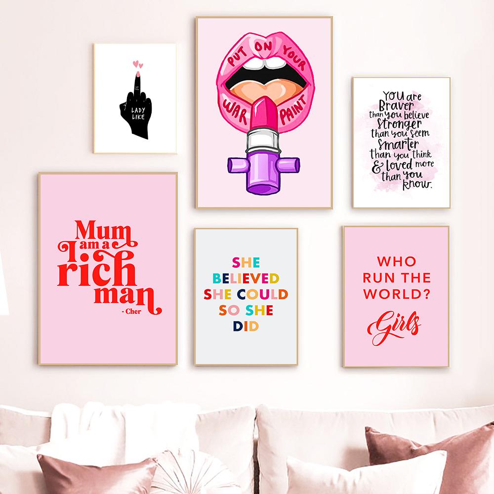 Quadro Tela Astratto Labbra Rosa, Poster Acquerello Wall Art, Stampa Artistica Moderna Per Decorazione Parete Soggiorno Camera Da Letto, Senza Cornice