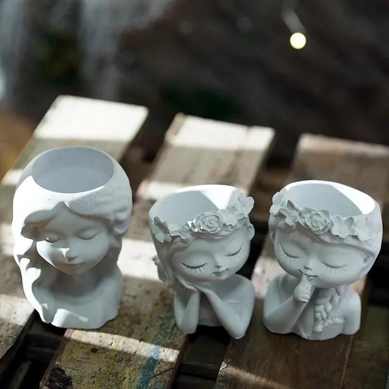Girl Head Shaped Flower Pot Silicone Mold Concrete Vase DIY Handmade Plaster Epoxy Resin Pen Holder Molds Home Decor Supplies
