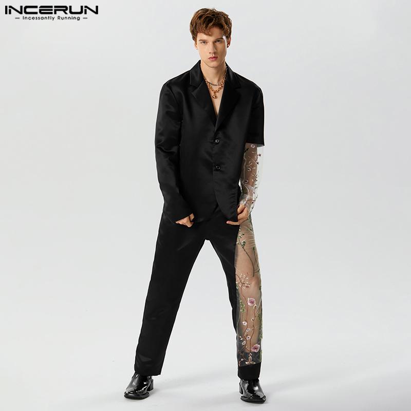 INCERUN Costum Două Piese Bărbați Dantela Broderie Cusături Cămăși de petrecere Pantaloni lungi