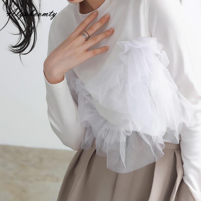 Korean Ulzzang Spring Autumn Women Streetwear Top O Neck White Gray Black Ruffles Patchwork T-Shirt Stylish Feminine Ladies' Tee