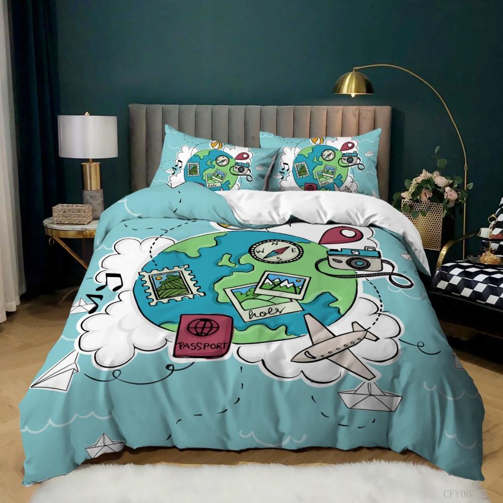 World Map Bedding Set Earth Pattern Bedding Cover Pillowcase Children and Teenagers Bedding Single/Double Size Gift