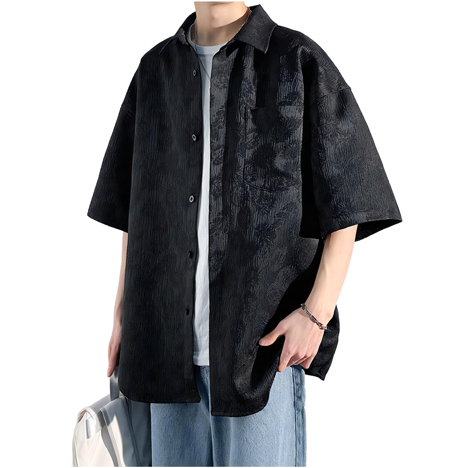 

Short Sleeve Polyester Botanical Loose Plus Sizes Stylish Collared Korean Street Summer Japanese Front Longer Slightly Black X-cross Men s Shirt,