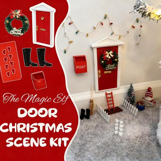 20 Pcs Wooden Miniature Christmas Elf Fairy Door Set Red Magical Tiny Door with Accessories for Dollhouse Fairy Tale Room Decor Holiday Party