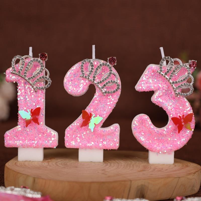 Number Birthday Candle Pink Crown Princess Cake First Year Decoration Candle Handmade Number Candle 0-9