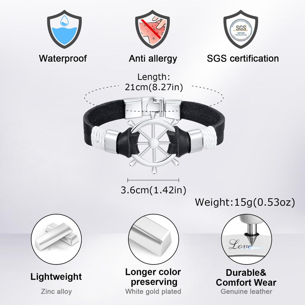 Rudder Leather Bracelets for Men,Metal Rudder Genuine Leather Wristband,Cool Navigator Jewelry Gifts