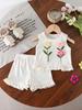 Baby Girl Summer Outfit Short Sleeve Round Neck Striped Top with 3D Flower Embroidery and Solid Color Ruffle Shorts 2Pcs Set