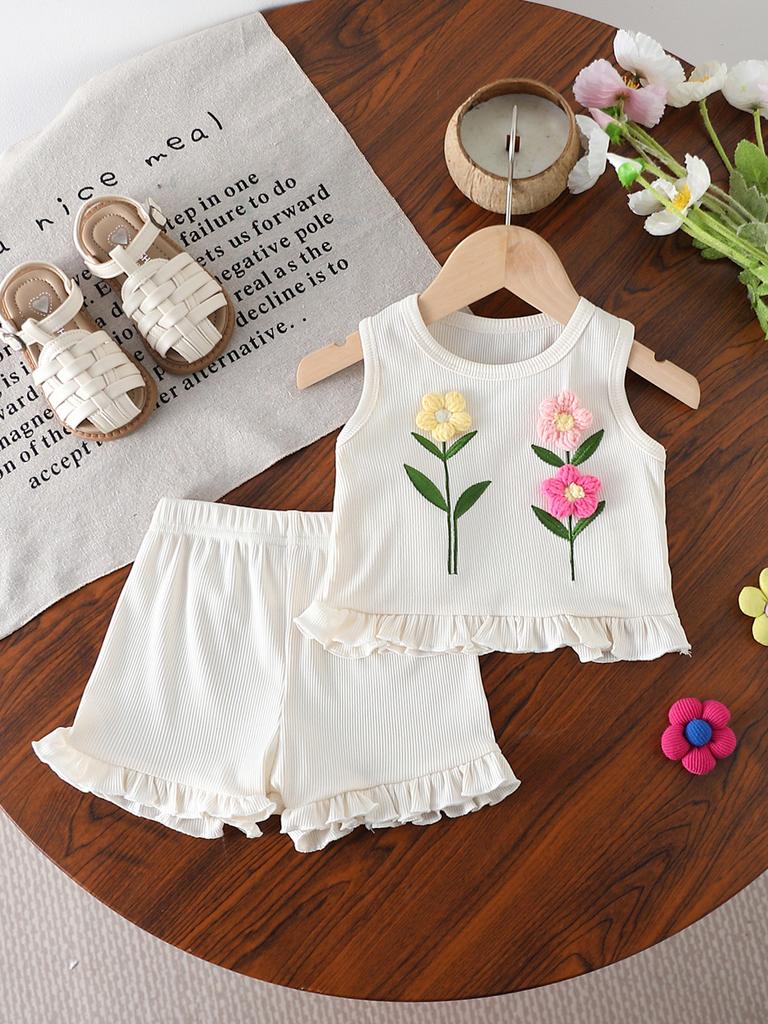 Baby Girl Summer Outfit Short Sleeve Round Neck Striped Top with 3D Flower Embroidery and Solid Color Ruffle Shorts 2Pcs Set