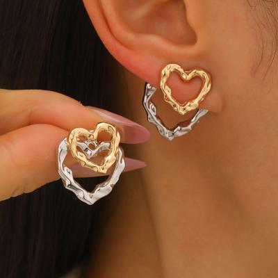 1 Pair Women Earrings Double-Layer Design Heart Irregular Shape Stud Earrings Scratch-Resistant Two-tone Earrings Jewelry Gift