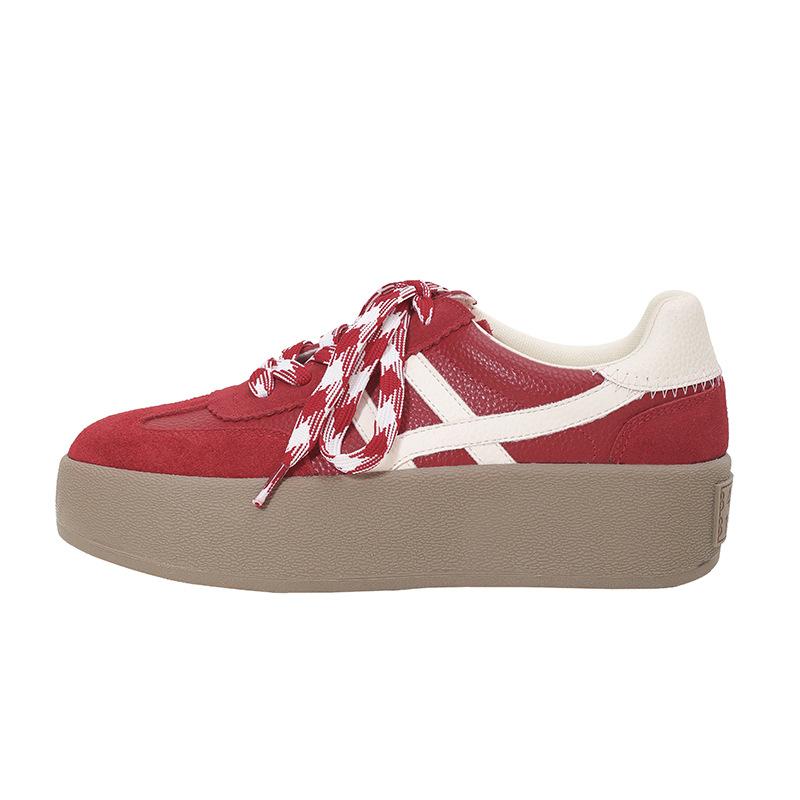 Cowhide color matching platform spring new round head lace-up casual board shoes retro ah Gan shoes