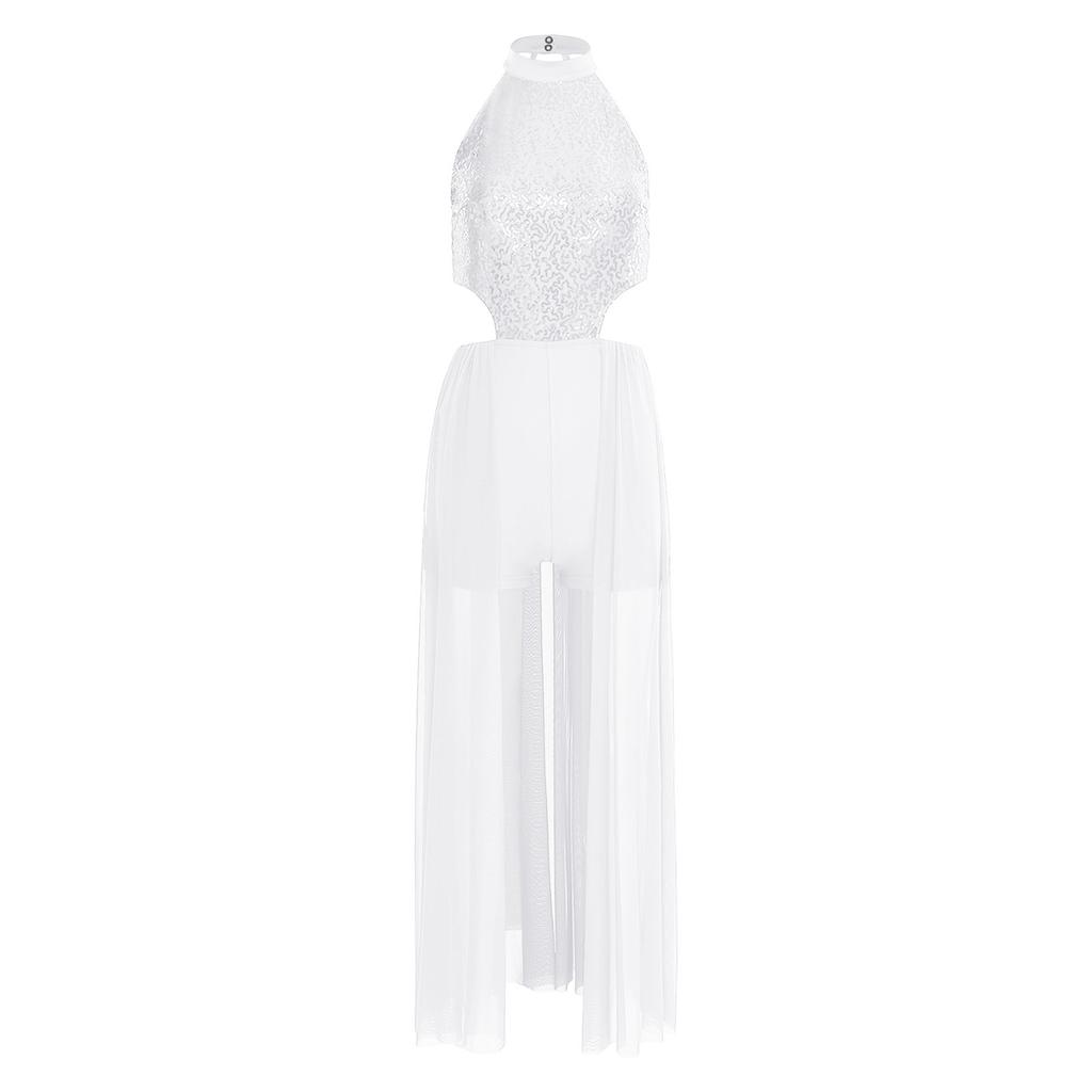 Damen rückenfreies Bodysuit-Kleid Pailletten-Oberteil Netzrock integrierter kurzer Unterteil Tanzkleidung