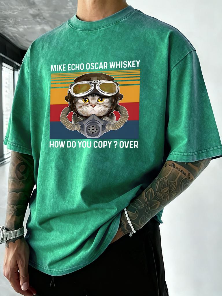 Cat Make Echo Oscar Whisky Prints MenS Washed TShirt Summer Loose Short Sleeve ONeck Cotton Streetwear Gym Casual T Shirts