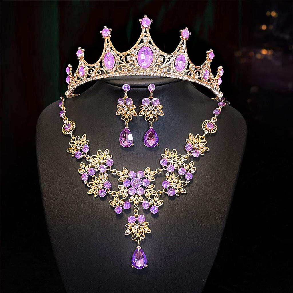 Retro Rhinestone Crown Headwear Three Piece Set Fashionable and Super Shiny Bride Headwear Set Birthday Crown Necklace for Women