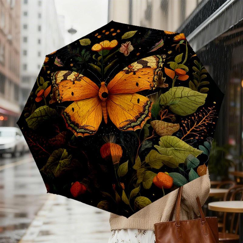 1pc Butterfly Flowers Automatic Folding Umbrella, Heavy Duty 8 Rib Iron Frame,  Suitable for Travel, Daily Use, Birthday, Decor Gift m0104094