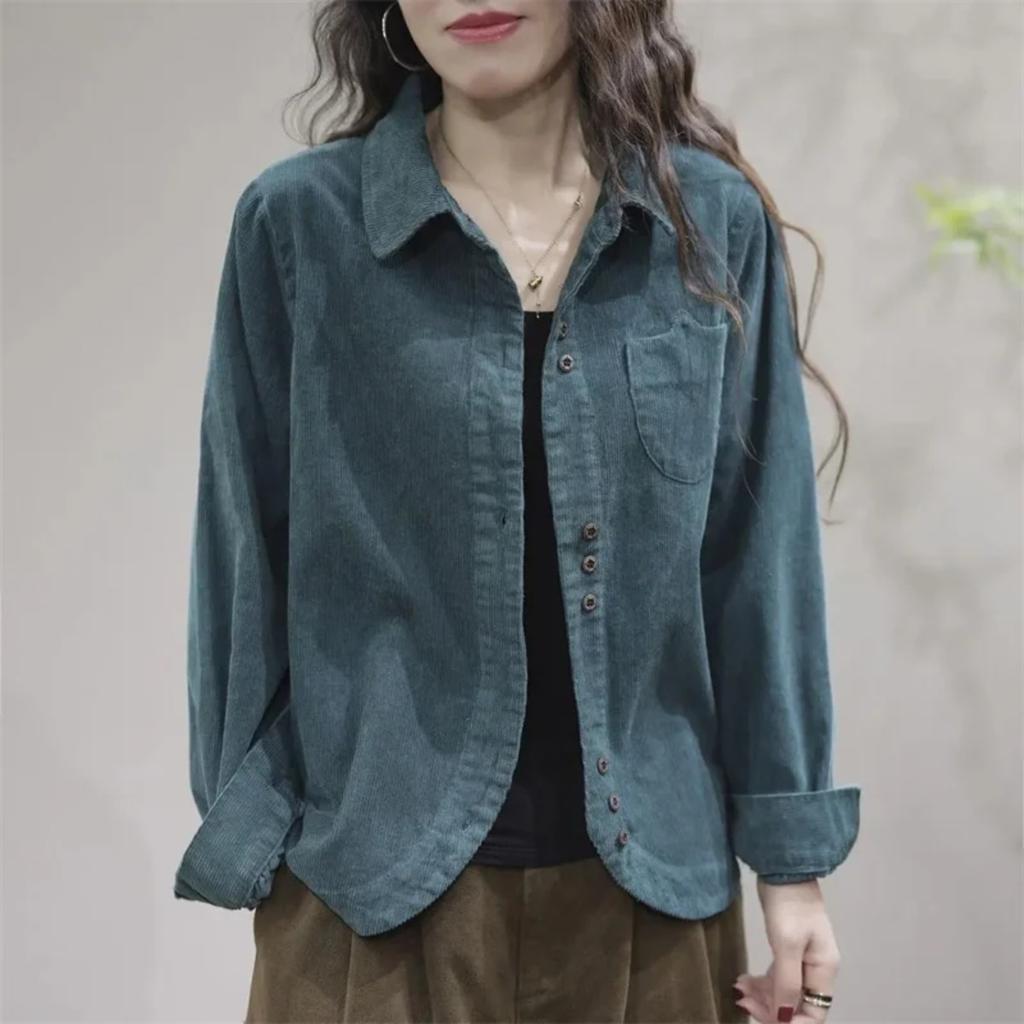 Spring Autumn New Shirt Fashion Art Leisure Long Sleeve Lapel Collar Corduroy Women's Shirt Cardigan Female Short Tops