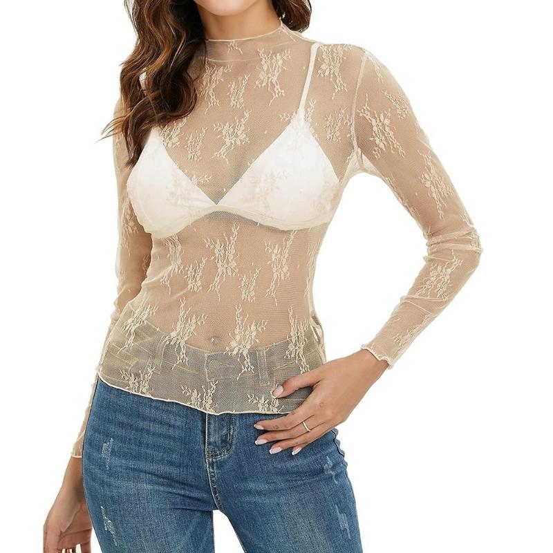 Women's Semi-turtleneck See-through Long-sleeved T-shirt Sexy Y2K Mesh Top