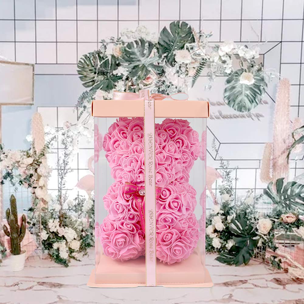 Enhong Rose Bear, Never Withers, Stuffed Toy, Interior Decoration, Birthday, Valentine's Day, Christmas, New Year Present (With Box (Pink))