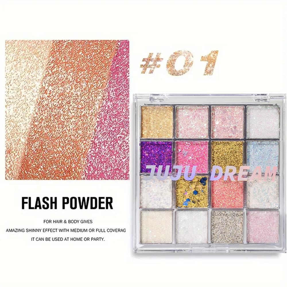 16- Glitter Eyeshadow – Pumpkin, Cherry, Blue, Purple Shades, Bold Party Looks, Long-Wear, Certified, Unisex, Skin-Friendly