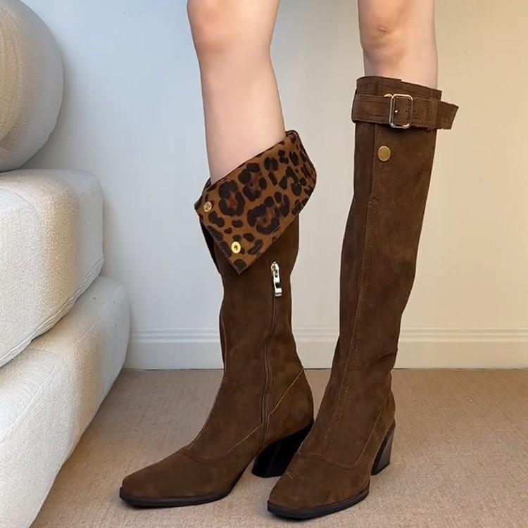 Retro Fold Two Wear Tall Pile Boots Belt Buckle Thick Heel Western Knight Boots Women's High Heel But Knee Boots