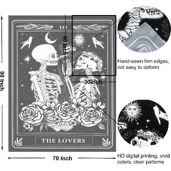 Onivein The Lovers Skull Tapestry Gothic Tapestry Vertical Black and White Skeleton Gothic Witch Sun Moon Floral Plant Snake Tapestries Wall Hanging