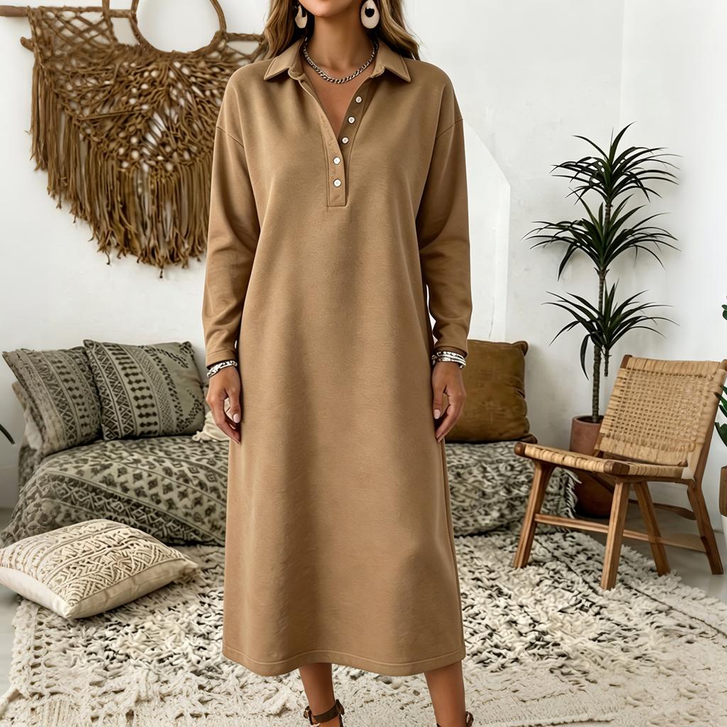 Women's Knit Sweatshirt Dress with Shirt Collar Long Sleeve Button Front Casual Midi Dress for Everyday Wear