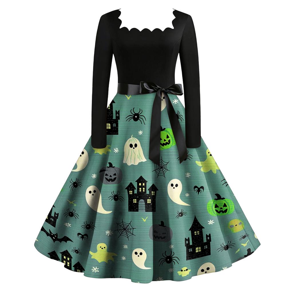 Women's Vintage Long Sleeve Square Neck Party Dress Halloween Printed Full Skirt Midi Dress with Waist Tie Belt Retro Style